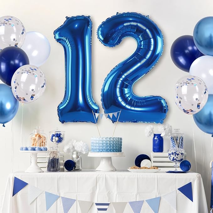 Navy Blue 12th Birthday Giant Self Inflating Number 12 Balloon, Metallic Dark Blue Silver Confetti Foil 40 Inch Helium Balloon for Boys Birthday Party Women Anniversary Decor