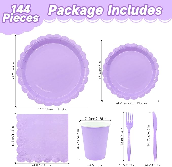 144Pcs Purple Party Supplies Purple Party Tableware Sets Serve 24 Guests Includes Paper Plates Cups Napkins For Wedding Baby Shower Birthday Party Decorations