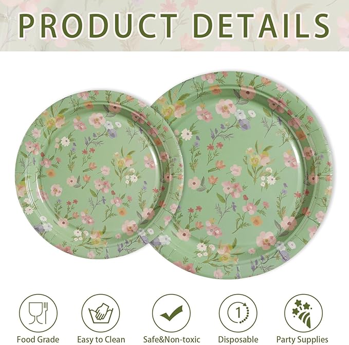 200 Pcs WildFlower Plates and Napkins Green Vintage WildFloral Party Supplies Greenery Disposable Flower Theme Tableware Set for Spring Wedding Birthday Tea Party Decorations Serves 50