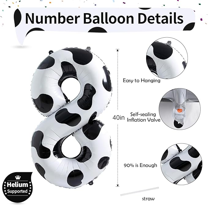 40 Inch Cow Print Number 8 Balloons, Large Foil 8th Birthday Balloon Decorations for Girls, Self Inflating Number 8 for Boys Birthday Party Farm Animal Theme Cowboy Cowgirl Theme Party Decor Supplies