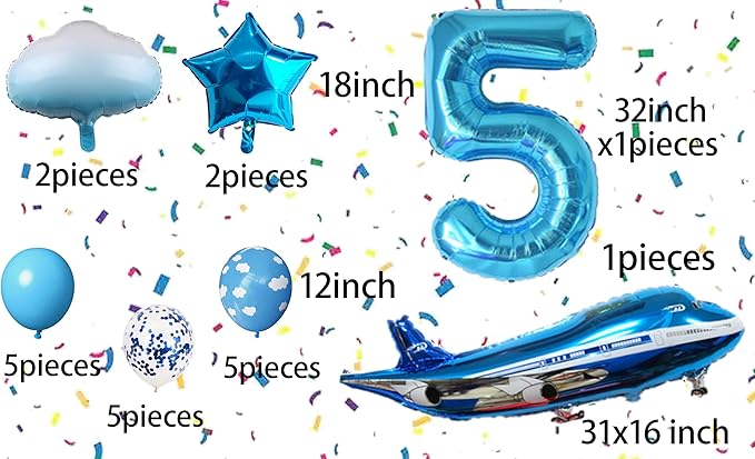 31inch Large Airplane Blue Party Decoration Airplane Balloon Set Birthday Party Supplies (5 Number Airplane)