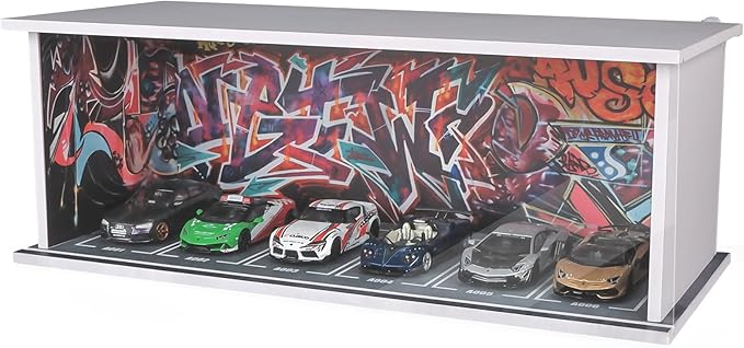 1:64 Car Model Display Case with Lights for Hot Wheels,Matchbox Cars,Diecast Alloy Small Truck Collectibles Storage Box-Graffiti Scenes Parking lot