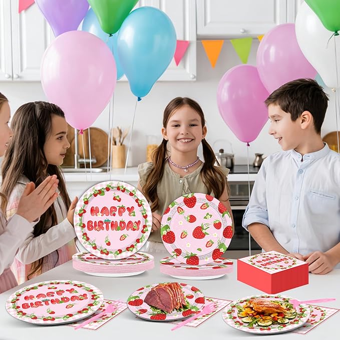 96 PCS Strawberry Theme Birthday Shortcake Party Paper Plates and Napkins Disposable Strawberry Party Plates Dinnerware Berry Sweet Tableware Decor for Baby Shower Birthday Gatherings Decorations