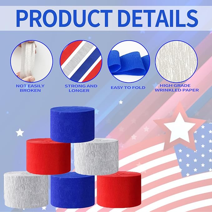 Crepe Paper Streamers 6 Rolls 492 ft,Blue Red Silver Streamer American Party Decorations,for Birthday Decorations,Rainbow DIY, Boy's Birthday Decoration American Theme Party