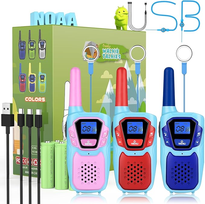 Walkie Talkies Long Range 3 Pack Rechargeable Walkie-Talkies for Kids Girls Boys Toddlers Adults Camping Hiking Skiing Cruise, Family Pink 2 Way Radio Toy with Lanyard Battery VOX NOAA