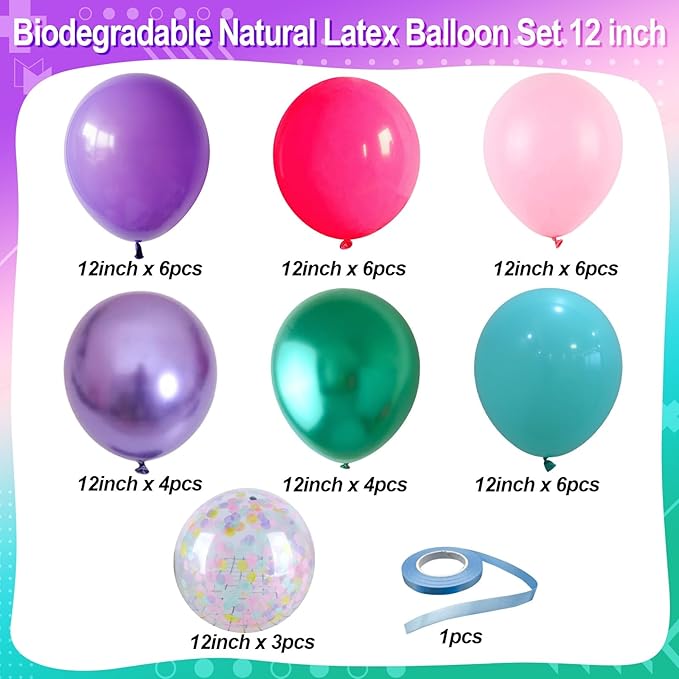 Hot Pink and Purple Balloons, 12 Inch Purple Pink Teal Blue Little Mermaid Balloons, Metallic Purple Green Confetti Balloons for Girls Under The Sea Party Balloons Pink and Purple Birthday Decorations
