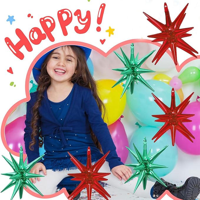 6 Pcs Star Foil Balloons One-Piece 14-Pointed Star Balloon 4D Starburst Cone Mylar Balloon 22inch Christmas Birthday Wedding Wedding Anniversary Party Supplies (Red + Green)