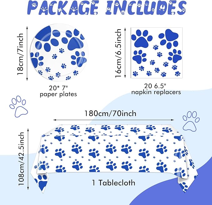 41PCS Blue Dog Paw Prints Birthday Party Supplies Include Plates Napkins Tablecloth Pet Party Decorations for Puppy Theme Party Picnic Baby Shower