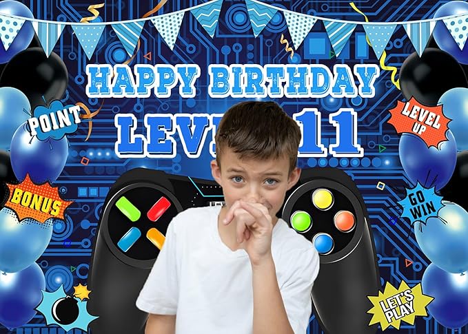 Game Theme Level 11 Birthday Backdrop Video Game Happy 11th Birthday Party Decorations Level Up Theme Boys Kids Birthday Party Supplies(7×5FT)