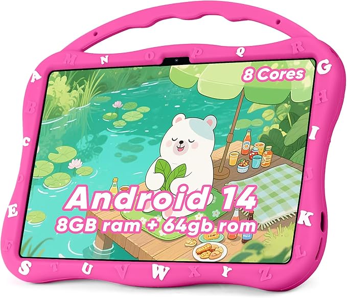 Kids Tablet, Android 10.1 inch Tablet for Kids 3-10, Educational Learning Toddler Tablet Android 14, 8（4+4） GB RAM+64GB ROM Storage, 5G WiFi, Baby Girl boy Present (Red)