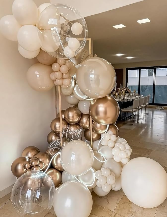 Neutral Balloon Garland Arch Kit, 148 Pcs Sand Pearl White Metallic Champagne Gold Balloons with Clear Balloons for Birthday, Bridal Shower, Baby Shower, Gender Reveal, Boho Wedding Decor