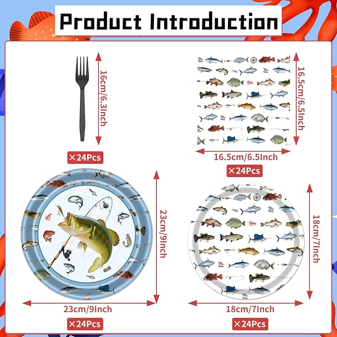 Rakuto Gone Fishing Party Plates, 96PCS Fishing Birthday Party Decorations Supplies, Fish Themed Paper Plates and Napkins Forks Disposable Tableware Supplies(24 Guests)