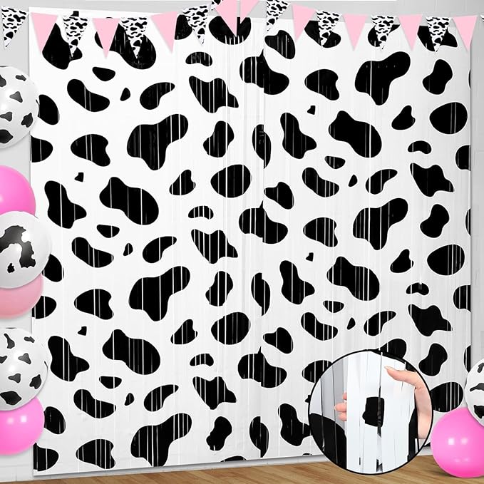 2 Pcs Cow Party Decorations 3.3 x 6.6 ft Black and White Cow Farm Foil Fringe Curtains Backdrop Tinsel Streamers for Photo Booth Farm Birthday Disco Cowgirl Rodeo Party Decor Supplies