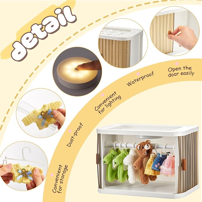 Foldable Doll Closet Wardrobe Storage Box Set with Night Light Doll Accessories Display Box with 8 Hangers and Rod Stackable Organizer Cabinet for 15/17cm Clothes with Dust Cover Display Rack Hook