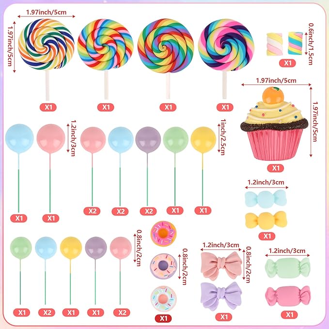 Hooqict 33Pcs Candy Cake Decorations with Lollipop Cupcake Donut Candy Cake Topper for Kids Girls Candyland Christmas Party Decorations Colorful Sweet Birthday Party Supplies