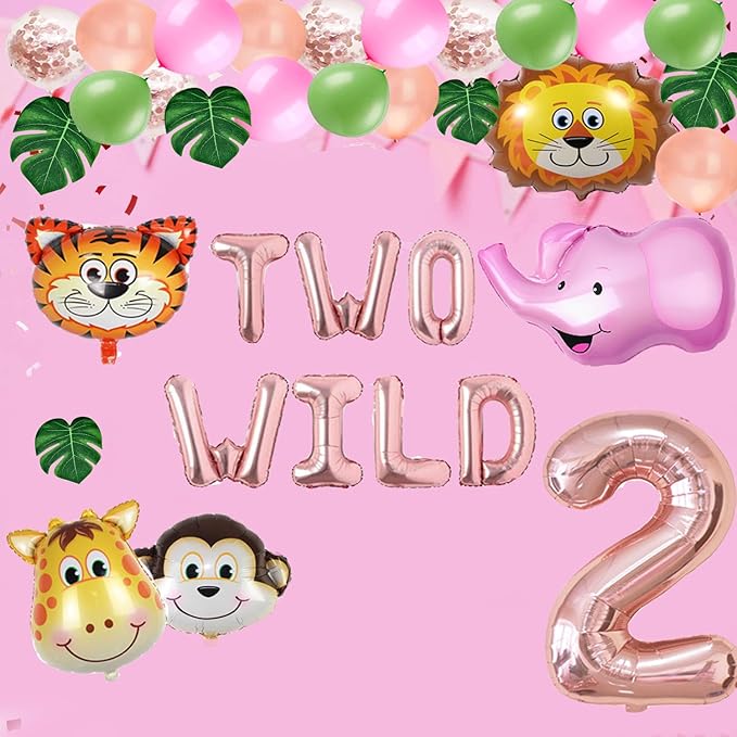 Two Wild Birthday Party Decorations, Jungle Themed Secend Girl Birthday Party Supplies Set Cute Animals Head Balloons and Two Wild Banner for Girls 2nd Jungle Birthday Decor