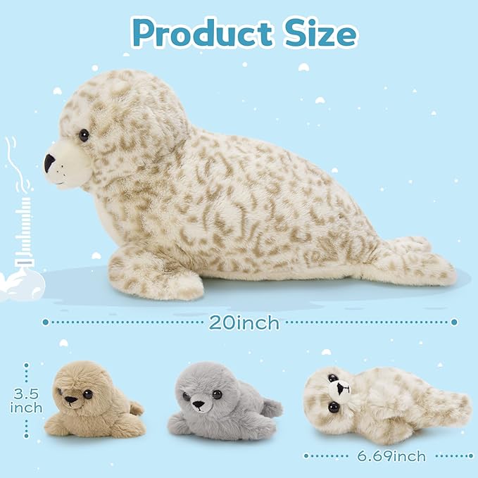 4 Pcs Seal Stuffed Animal Set, 20" Mother Plush Toy with 3 Babies in Mom's Belly, Cute Leopard Stuffed Seal Plushie for Girls Boys Kids, Kawaii Chirstmas Bithday