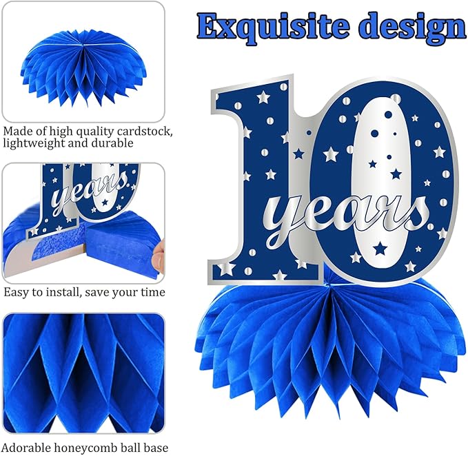 Kauayurk 8Pcs 10th Birthday Honeycomb Centerpieces Decorations for Boys, Blue Silver 10 Year Old Birthday Table Centerpiece Party Supplies, Ten Birthday Table Topper Decor Sign
