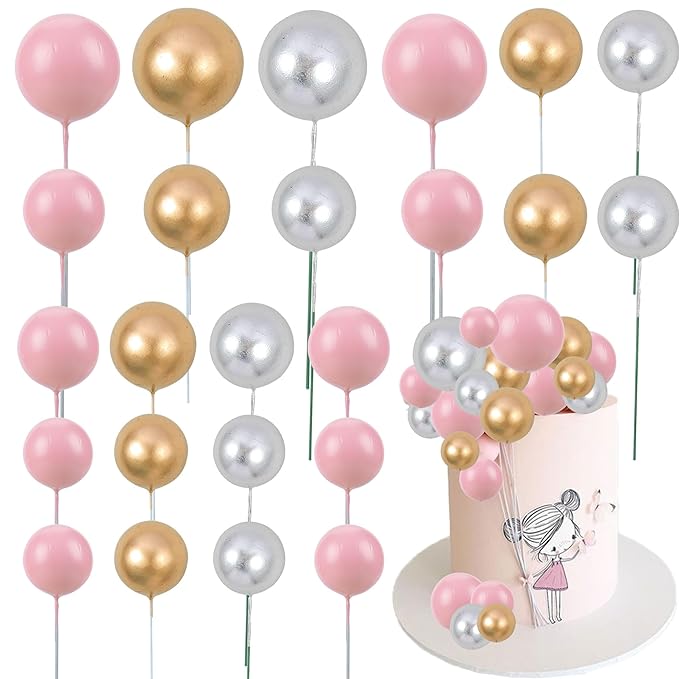 Gyufise 30Pcs Balls Cake Topper Foam Ball Cake Picks Mini Balloon DIY Cake Insert Topper Decoration for Baby Shower Wedding Anniversary Kids Birthday Party Cake Decorations Gold Silver Pink