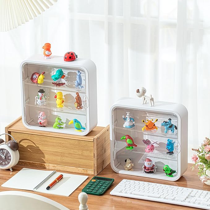Menkxi 2 Pcs Display Case for Figures 3 Tiers Doll Storage Box Wall Mounted Clear Box Dust Proof Display Cabinet Organizer with Magnetic Door for Mini Toys Action Figures Collectibles, White