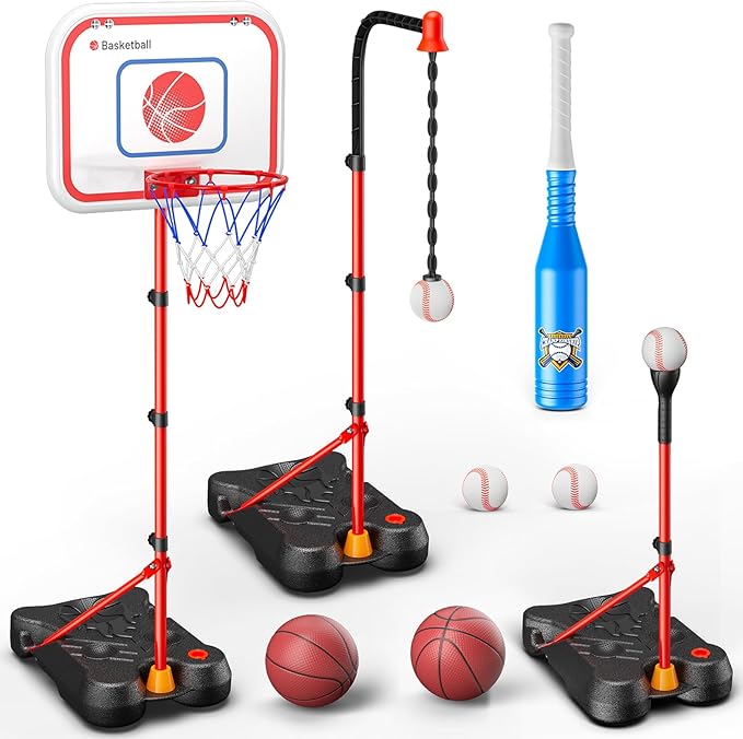 HopeRock 2 in 1 Kids Basketball Hoop and T Ball Set, Adjustable Basket Ball Stand,Hanging Tee Baseball for Toddlers Boys Girls Ages 2 3 4 5 6 7 8 Years Old, Outdoor Toys Gifts