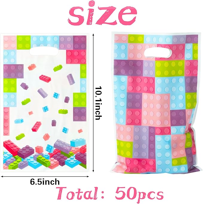 3sscha 50Pcs Pink Block Party Favor Bag Building Block Plastic Waterproof Goodie Bag with Die Cut Handles Rectangular Candy Gift Bags for Kids Birthday Baby Shower Decoration Party Favor Supplies