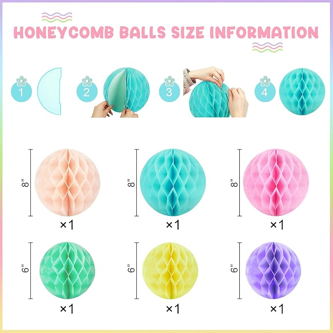 Amandir Pastel Birthday Decorations for Girls Women, Happy Birthday Banner with Honeycomb Balls, Daisy Flowers Hanging Swirls, Circle Dots Garland, Pastel Spring Easter Party Decorations Supplies