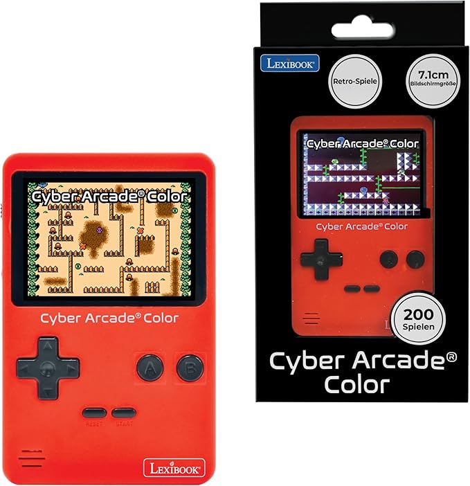 Lexibook, Cyber Arcade® Color, Portable Retro Game Console, 200 Action Games, Sport, Racing, Logic and Much More, 2.8" Color LCD Display, Red, JL2389