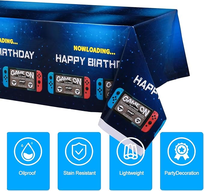 2Pcs Blue Video Game Party Tablecloth | 54 x 108 In| Video Game Birthday Party Decoration Rectangular Disposable Plastic Table Cover, Game Birthday Party Supplies for Boys Girls Kids Party Decorations