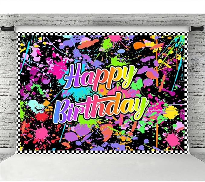 Lofaris Neno Glow in The Dark Birthday Backdrops for Photography Colorful Graffiti Splash Paint Party Background Slime Happy Birthday Theme Black Light Sleppover Party Decorations