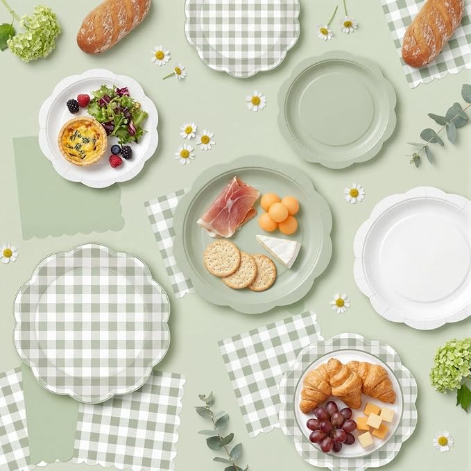 LemonRoad 100 Pcs Sage Green Gingham Paper Plates Napkins Plastic Tablecloth Set for 24, Green White Disposable Dinner Dessert Scalloped Plates for Baby Shower Picnic Birthday Party Supply Decoration