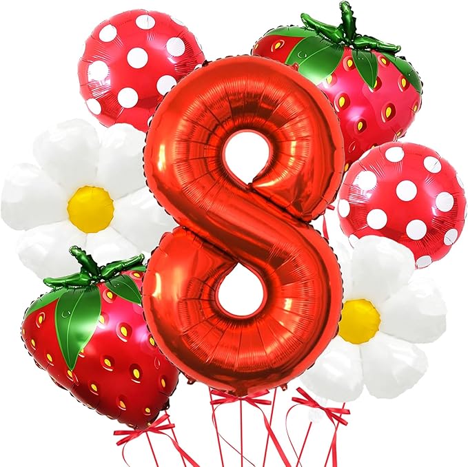 Strawberry Balloons Eighth Birthday Decorations for Girl, 40 Inch Mylar Red Number 8 Balloons, Strawberry Balloon for Strawberry Party Decorations, Strawberry Birthday Decorations