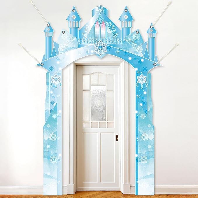 Polyester Fabric 104×70inch Winter Snow Castle Party Door Banner Wonderland Door Decoration Ice Snow Themed Backdrop for Girls Birthday Snowflake Hanging Princess Photo Booth Props Supplies