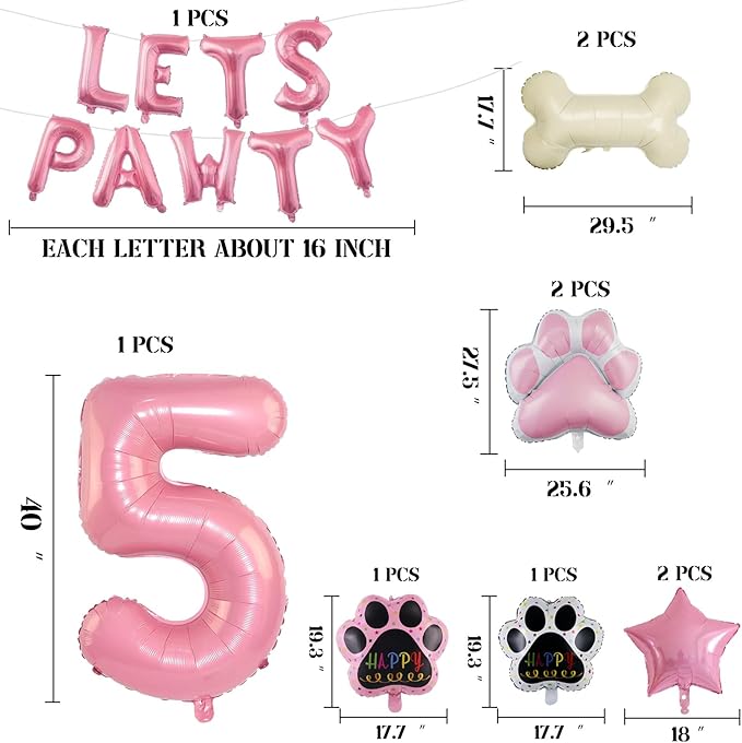 5th Dog Balloons 18pcs Lets Pawty Balloons Dog Paw Birthday Decor Pink 32 inch Pink Number Balloons 5 Mylar Foil Balloons for Lets Pawty Birthday Decorations Dog 5th Birthday Party Supplies