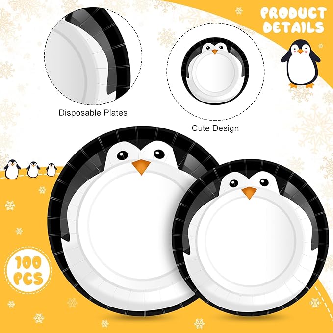 100 Pack Penguin Winter Paper Plates 9 Inch 7 Inch Round Disposable Dinner Dessert Plates Penguin Pattern Tableware Paper for Winter Party Supplies Holiday Dinner Birthday