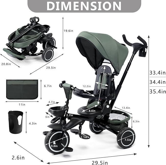 Kinder King Kids Tricycle, 8 in 1 Folding Toddler Trike w/Adjustable Push Handle, Rotatable Seat, Adjustable Canopy, Bell, Five-Point Harness, Storage, Bike Tricycle for Toddlers 1-3, Forest