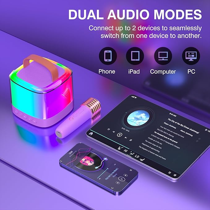 Mini Karaoke Machine for Kids Ages 2-12, Portable Wireless Karaoke Speaker with LED Party Lights & 2 Wireless Microphones, Perfect Birthday & Holiday Toys Gifts for Girls Boys（Q21-Purple）