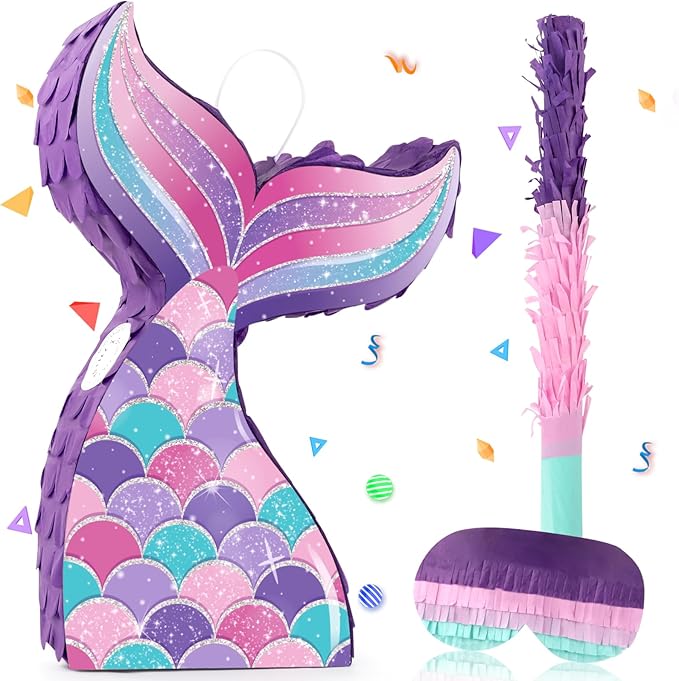 Mermaid Tail Pinata Glitter with Stick Blindfold Mermaid Birthday Party Decoration Mermaid Pinata Game for Girls Kids Carnival Under the Sea Ocean Theme Party Supplies (15.3"x10")
