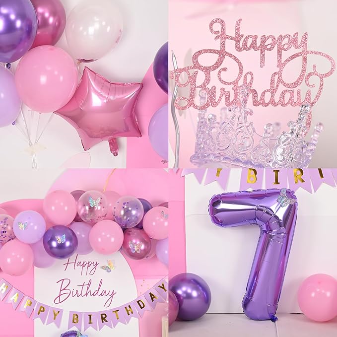 7th Pink Purple Birthday Decorations,Pink Purple 7th Birthday Balloons for Girls Lavender Party Decor Banner Number 7 Balloons Cake Topper Butterfly Party Decorations for 7 Year Old Girls