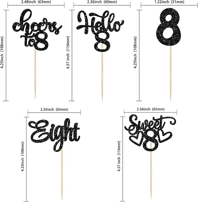 30Pcs 8th Birthday Cupcake Toppers Glitter Eight Hello 8 Cupcake Picks Cheers to 8 Years Old Cake Decorations for 8th Birthday Party Supplies Black