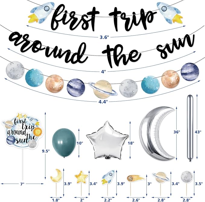 First trip Around the Sun Birthday Decorations -58pcs Outer Space 1st Birthday Banner First Trip Around the Sun Cake Toppers Solar System Party Balloons for Galaxy Party Supplies set