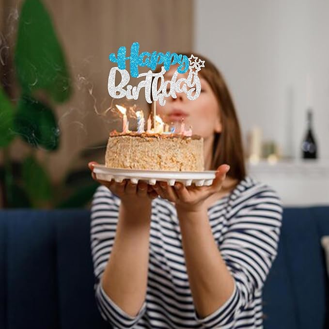 Ephlyn 1Pcs Happy Birthday Cake Topper Glitter Happy Birthday Cake Pick for Winter Wonderland Baby Shower Theme Anniversary Party Decorations Supplies Blue Silver
