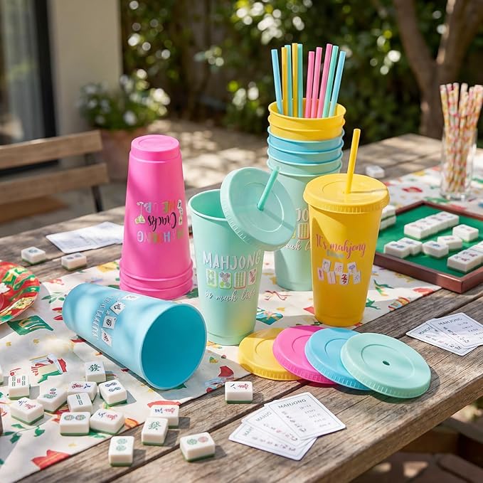 Sliner 12 Pcs Mahjong Cups with Lids and Straws 24 oz Reusable Plastic Mah-jong Tumblers Funny Mahjong Party Supplies Gifts for Mah-jong Players Lovers Travel Game Night