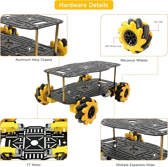 Mecanum Robot Chassis Car Kit with 360° Omnidirectional Wheel, Aluminum Alloy Frame, 60mm Omnidirectional Wheels, TT Motor, Robotic Moving Platform for DIY Education Robot