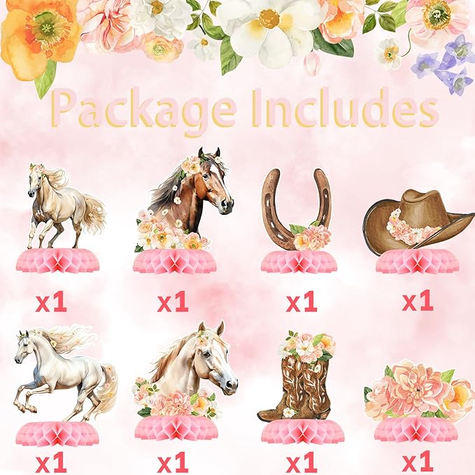 Girl Horse Party Centerpiece Set - Horse Honeycomb Girl Birthday Decorations and Horse Table Toppers for Kids' Horse-Themed Birthday and Baby Shower Table Decor