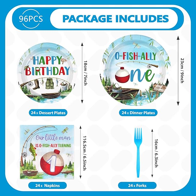 Grencian 96 Pcs Ofishally One Birthday Decorations Gone Fishing 1st Party Plates and Napkins Tableware Set O Fishally One First Birthday Decorations for Boys Little Fisherman 1st Baby Shower Serves 24