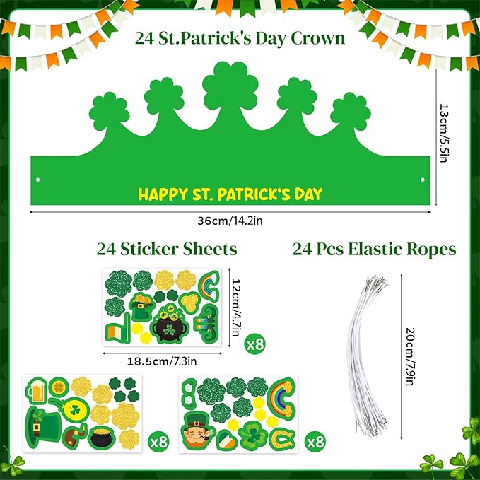 Hedeey 24 Pack St. Patrick's Day Crown Crafts Shamrock Paper Clover Crown Hat with Stickers forIrish St Patricks Holiday Craft Activity Party Favors Supplies
