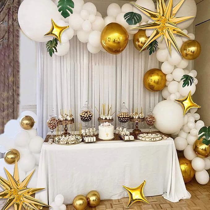 Gold Star Foil Balloons Kit - 6 Pack 12 Point Starburst Cone and Spike Balloons With 10Pcs Four Pointed Stars for Wedding, Baby Shower, Photo Booth, Birthday Party Supplies
