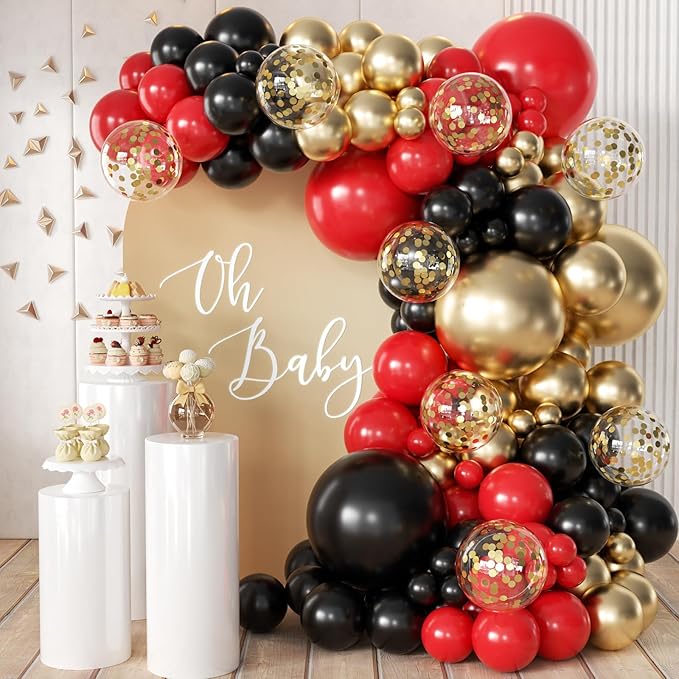 155Pcs Red Black Gold balloons Garland Arch Kit with Gold Confetti Balloons for Graduation Anniversary Casino Night Hollywood New Years Movie Night Birthday Decorations