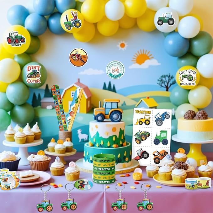 110Pcs Tractor Party Favors for Kids - Farm Birthday Party Decorations and Supplies with Slap Bracelets, Tattoos, Stickers, Keychains & Buttons, Tractor Goodie Bag Fillers for Boys